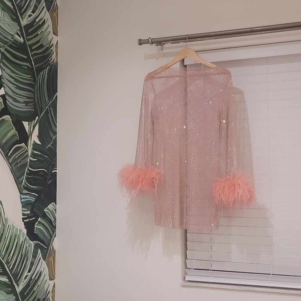 Rhinestone Mesh Dress Pink Feather